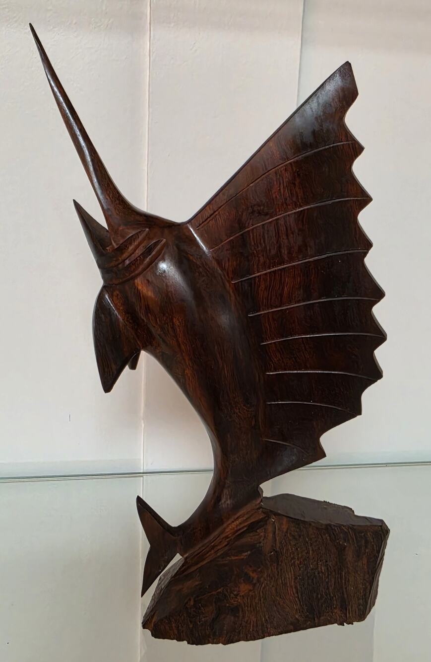 Vintage Hand‑Carved Mahogany Swordfish Statue 8.5" Elegant Wood Art - Beautiful